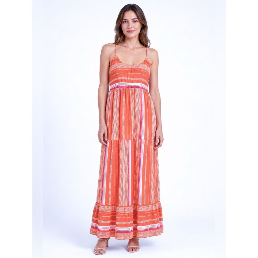 Liverpool LA Tiered Cotton Maxi Dress Stripe Racerback Sundress XS Coral NEW